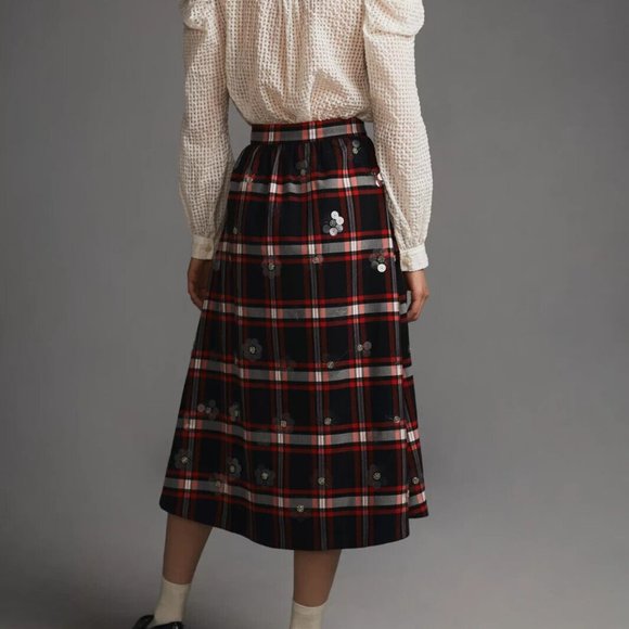 Anthropologie Maeve 8 NWT Embellished Plaid Midi Skirt Sequins Tartan Red Black - Picture 8 of 8